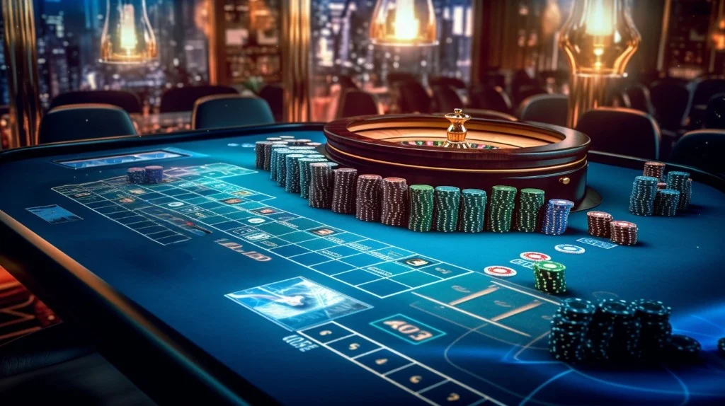 Luxury casino roulette table with blue felt, glowing betting grid, chips, and city lights in the background — Cyl88 Malaysia bonus guide